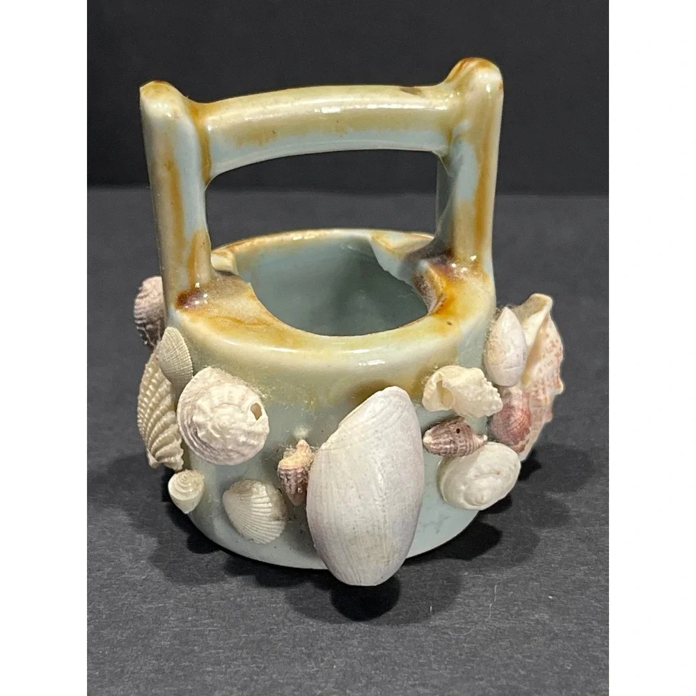 Vintage Miniature Shell Encrusted Ceramic Basket Coastal Beach Decor Trinket Cup